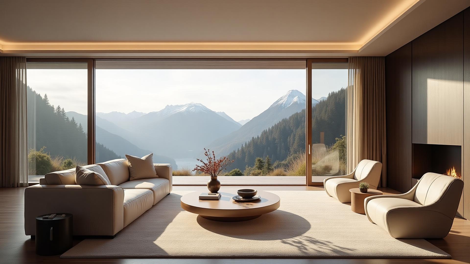 Modern interior living room with mountain view